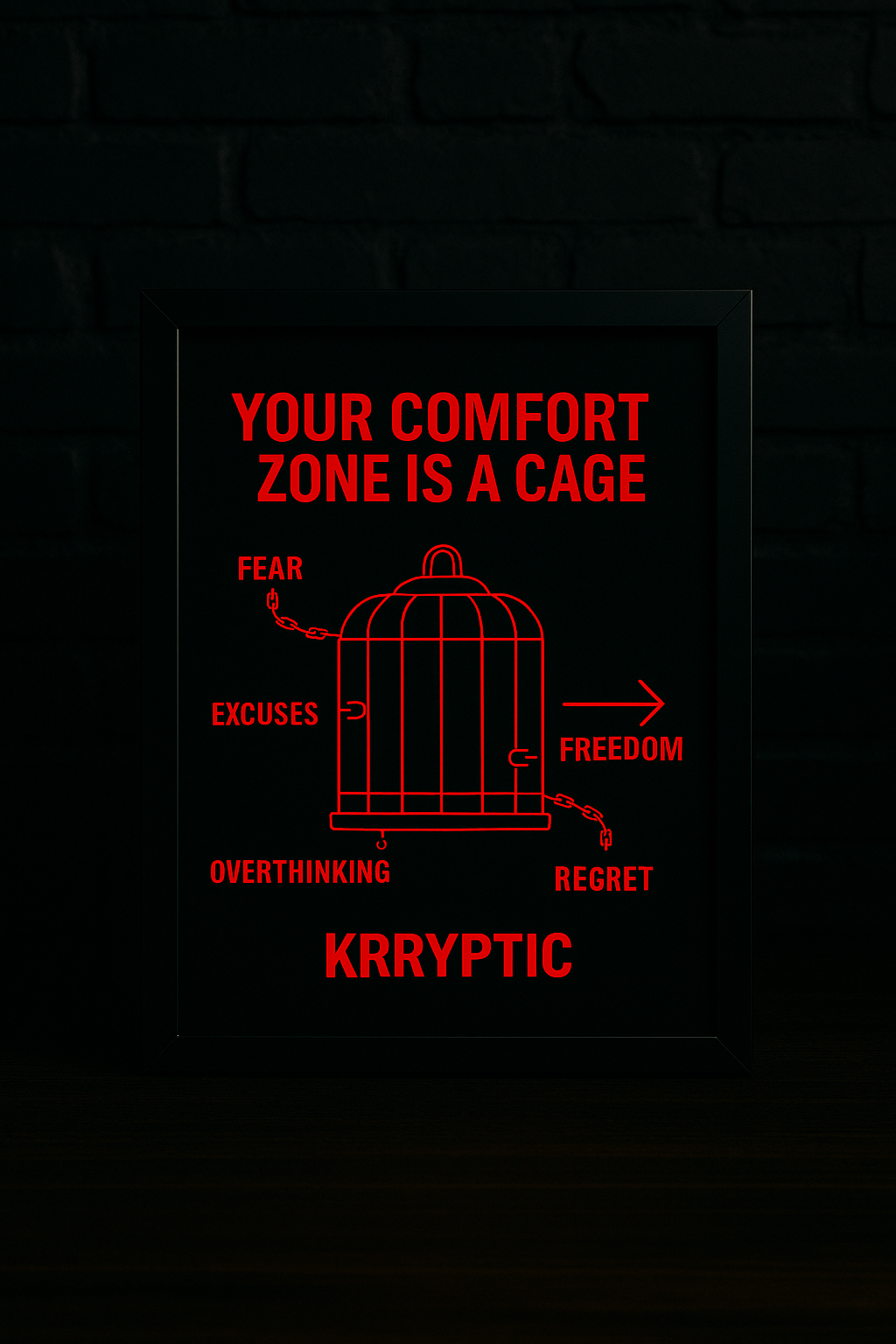 "Your Comfort Zone Is a Cage" – A4 Framed Motivational Poster (Glossy Finish, Black Frame) | KRRYPTIC Wall Art
