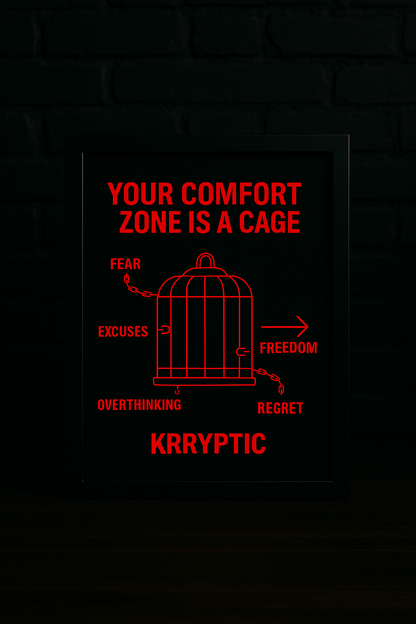 "Your Comfort Zone Is a Cage" – A4 Framed Motivational Poster (Glossy Finish, Black Frame) | KRRYPTIC Wall Art